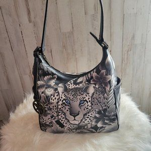 Anuschka Women's Genuine Leather Handbag, Classic Hobo, Side Pockets, Item #382